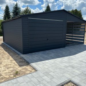 3,5×6 m-es lemezgarázs 2,5 m-es beállóval, antracit színben, billenőkapuval