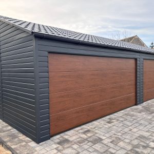 10×6 m-es lemezgarázs grafit és diófa mintázattal